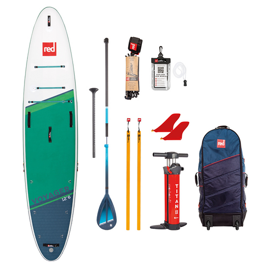 Copenhagen Surf Shop 2022 Red Paddle Co 12'6" VOYAGER TOURING MSL Oppustelig Stand Up Paddle SUP iSUP Board , Taske ATB Transformer Bag, Titan 2 Pumpe, Hybrid Tough Paddle & Leash